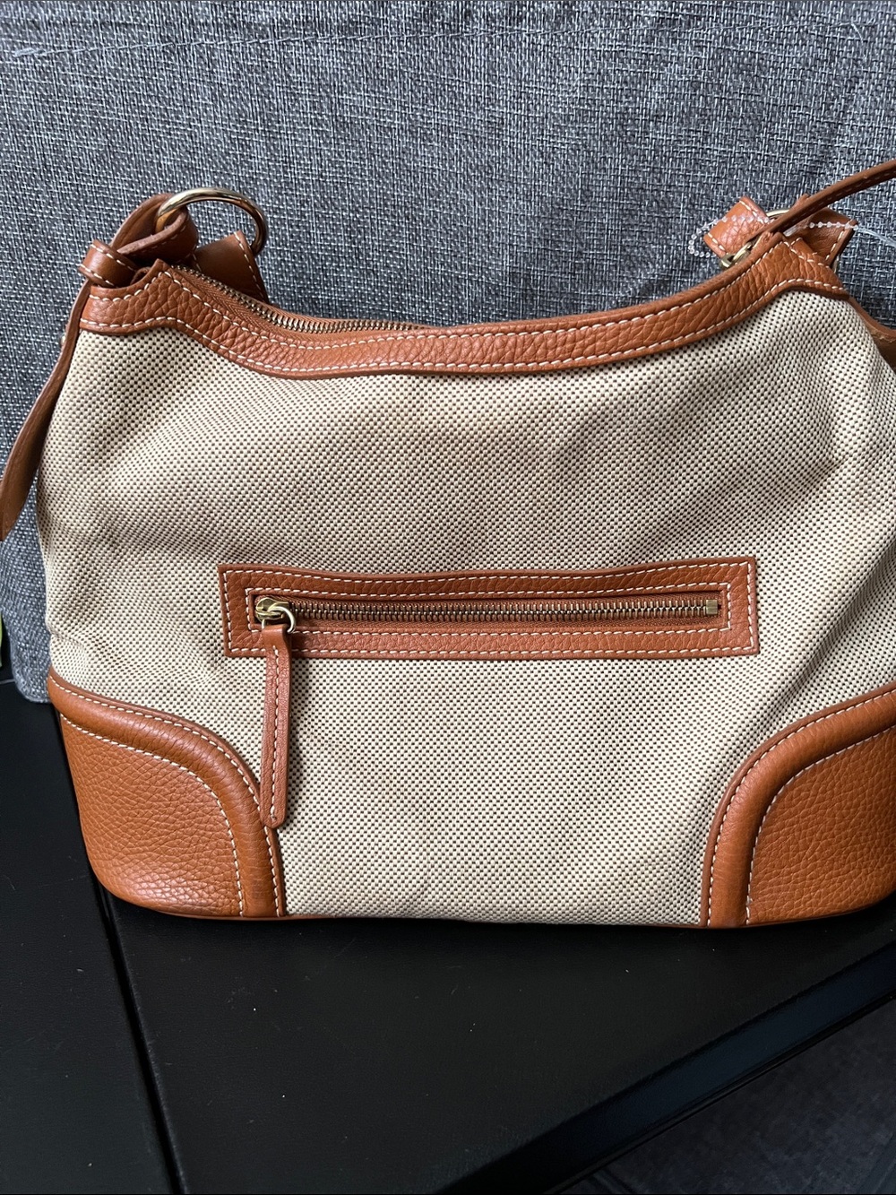 Dooney & Bourke Cream Canvas Shoulder Bag with Tan Leather Trim and Wristlet - Picture 4 of 15